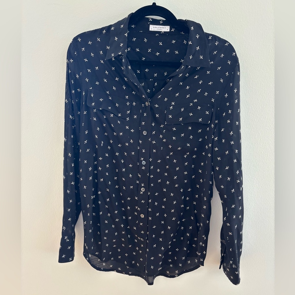 Equipment Black Button-Up Silk Fleur de Lis Blouse Pattern